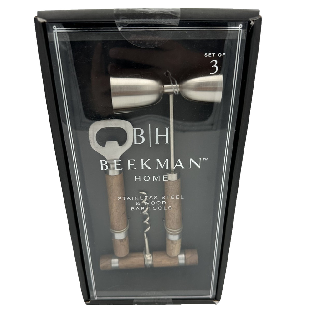 B|H Beekman Home 3-Piece Stainless Steel & Wood Cocktail Bar Tool Set